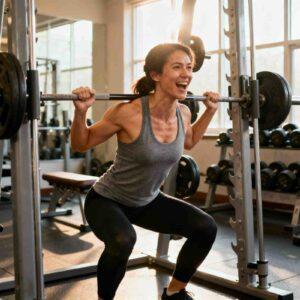 A focused person wearing workout clothes actively exercising in a gym, using gym equipment and showing energy and determination during the workout.
