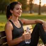 A person sitting calmly in a gym with a towel around their neck, drinking water and looking relaxed and refreshed after a workout.